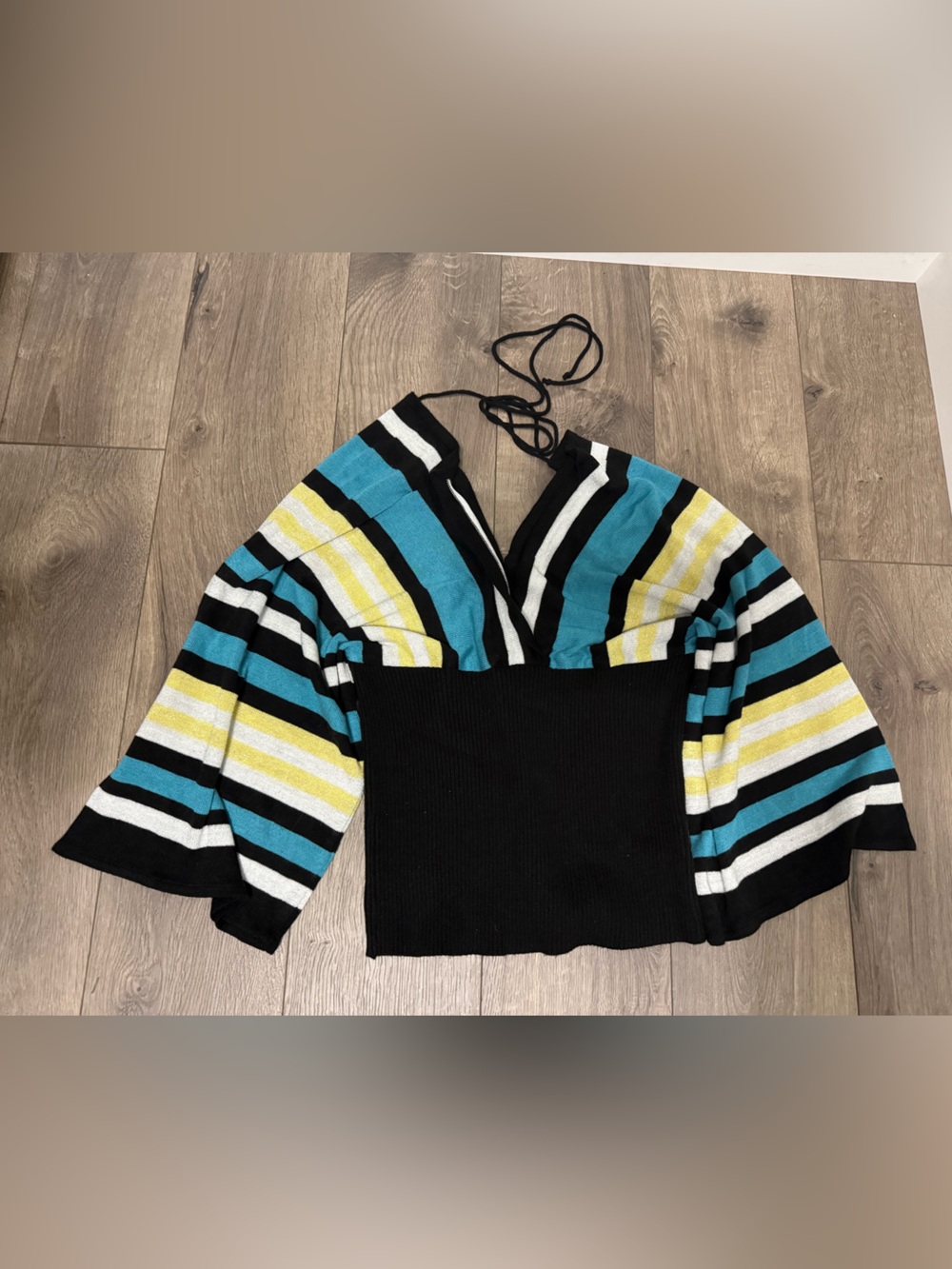 Heart Soul Black V-Neck Sweater with Teal, Yellow & White Stripes